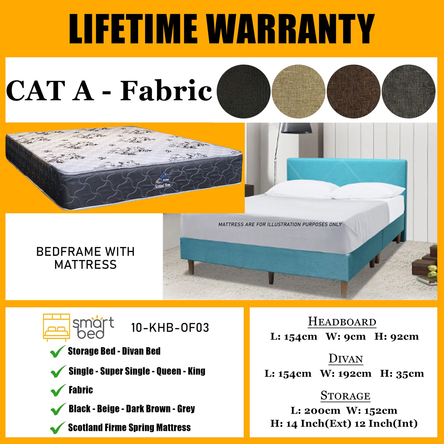 SMARTBED | Divan Bedframe With Scotland Firme Spring Mattress l 10-KHB-OF03 l CAT A