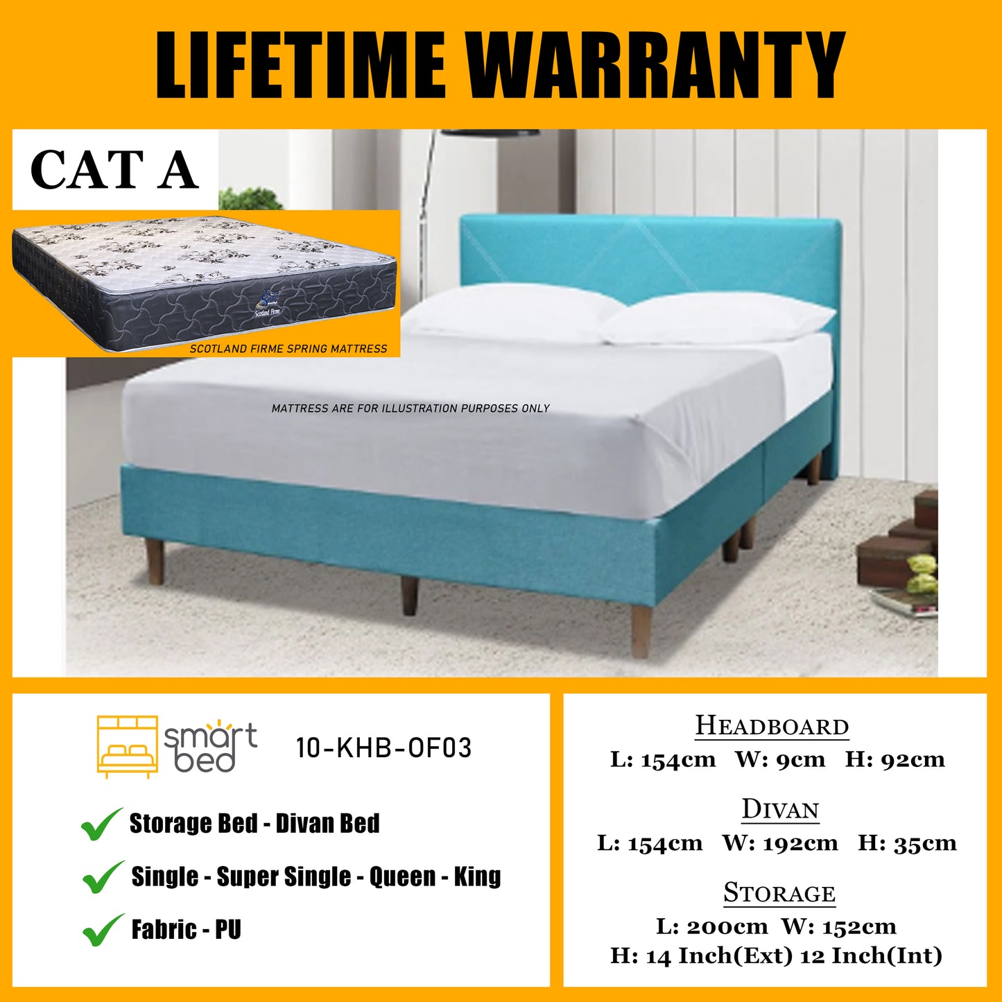 SMARTBED | Divan Bedframe With Scotland Firme Spring Mattress l 10-KHB-OF03 l CAT A