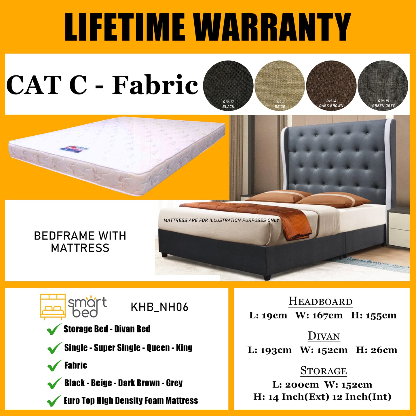 SMARTBED | Storage Bedframe With Euro Top Foam Mattress l KHB_NH06 l CAT C