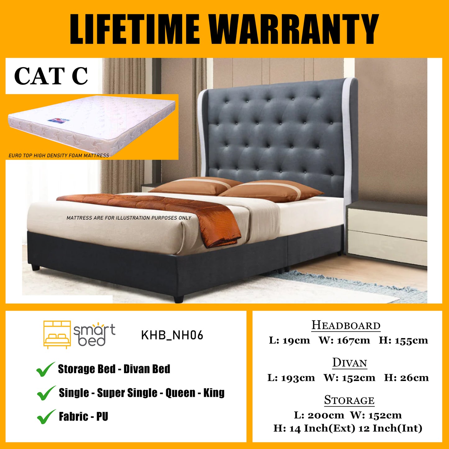 SMARTBED | Storage Bedframe With Euro Top Foam Mattress l KHB_NH06 l CAT C